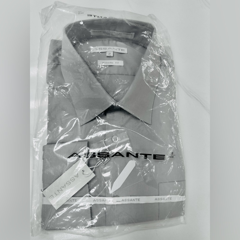 ASSANTE Men's Shirt - Modern Fit Long Sleeve Dress Shirt Light Gray Neck 18 4/5
